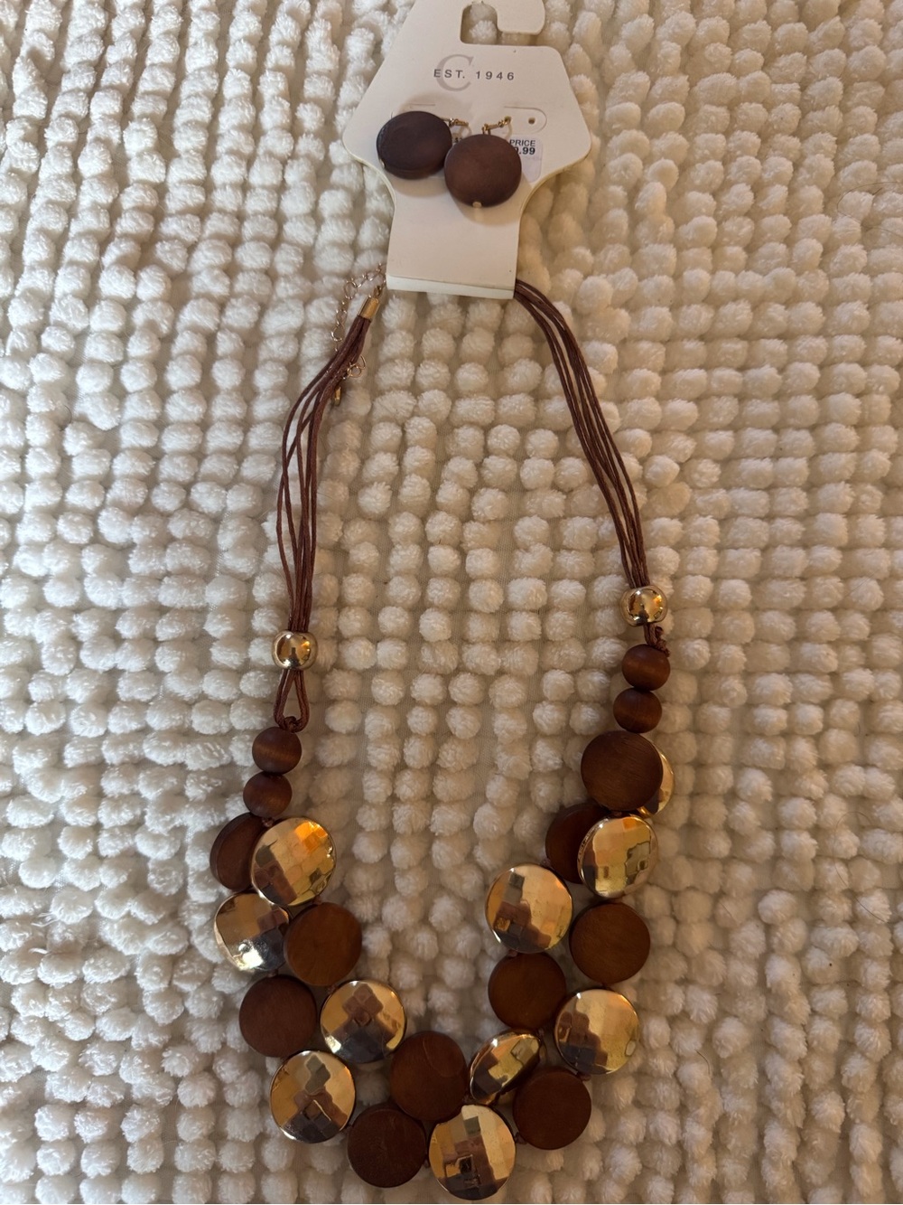Wood Bead and Gold Disc Multi-Strand Necklace with Earrings